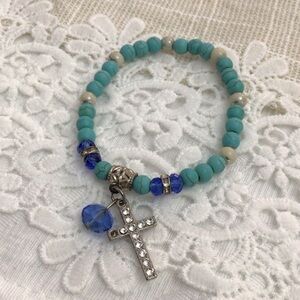 Turquoise and Blue Beaded Bracelet with Cross Charm